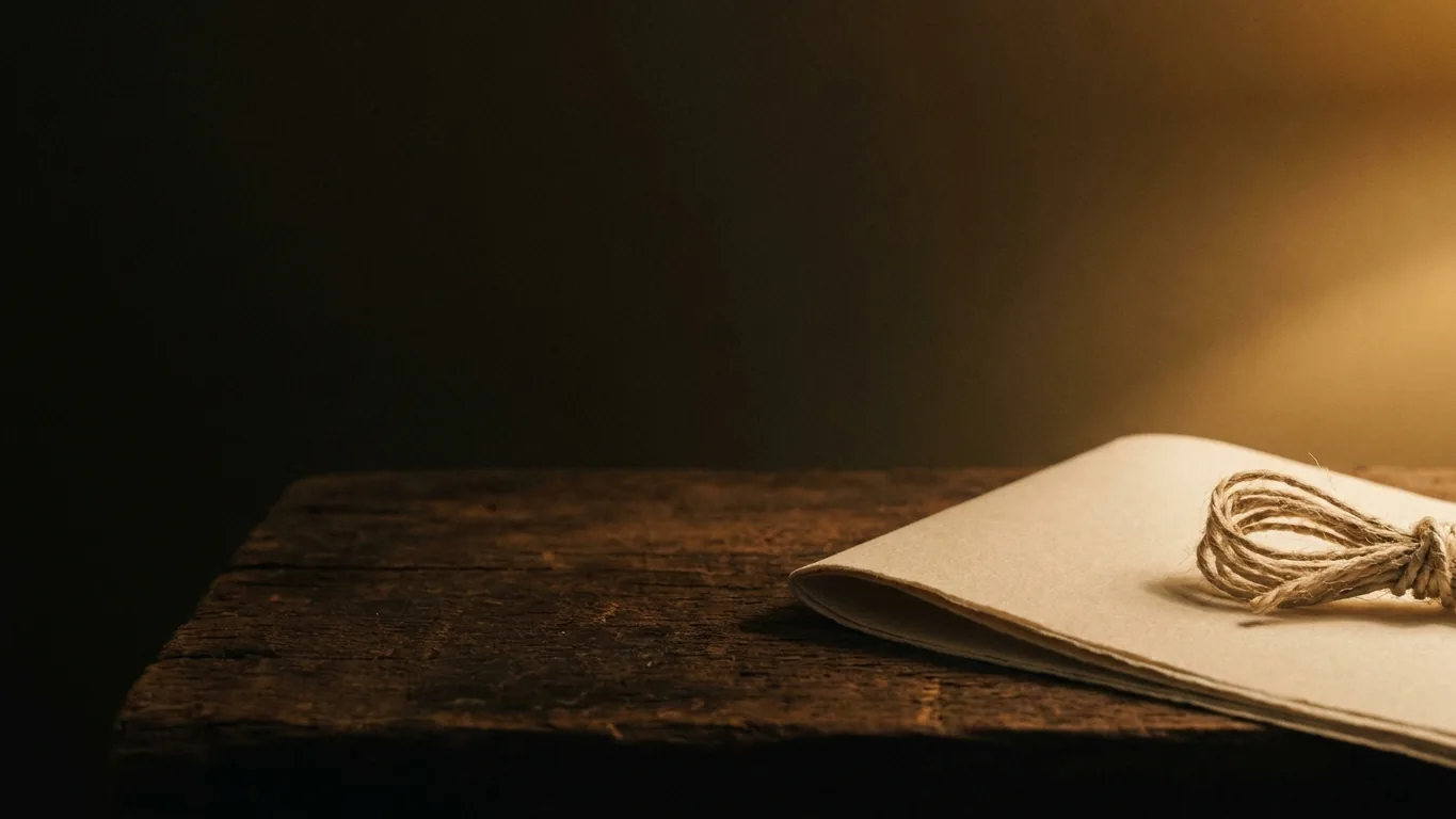 Papier und Kordel auf dunklem Holz im warmen Licht