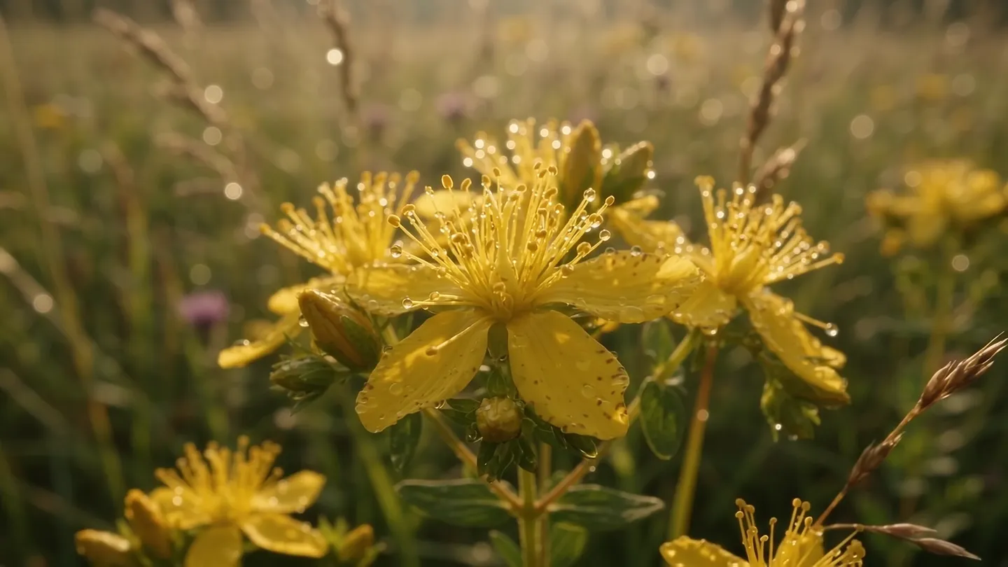 Johanniskraut-Blüten mit Morgentau auf einer Wiese im Sonnenaufgang