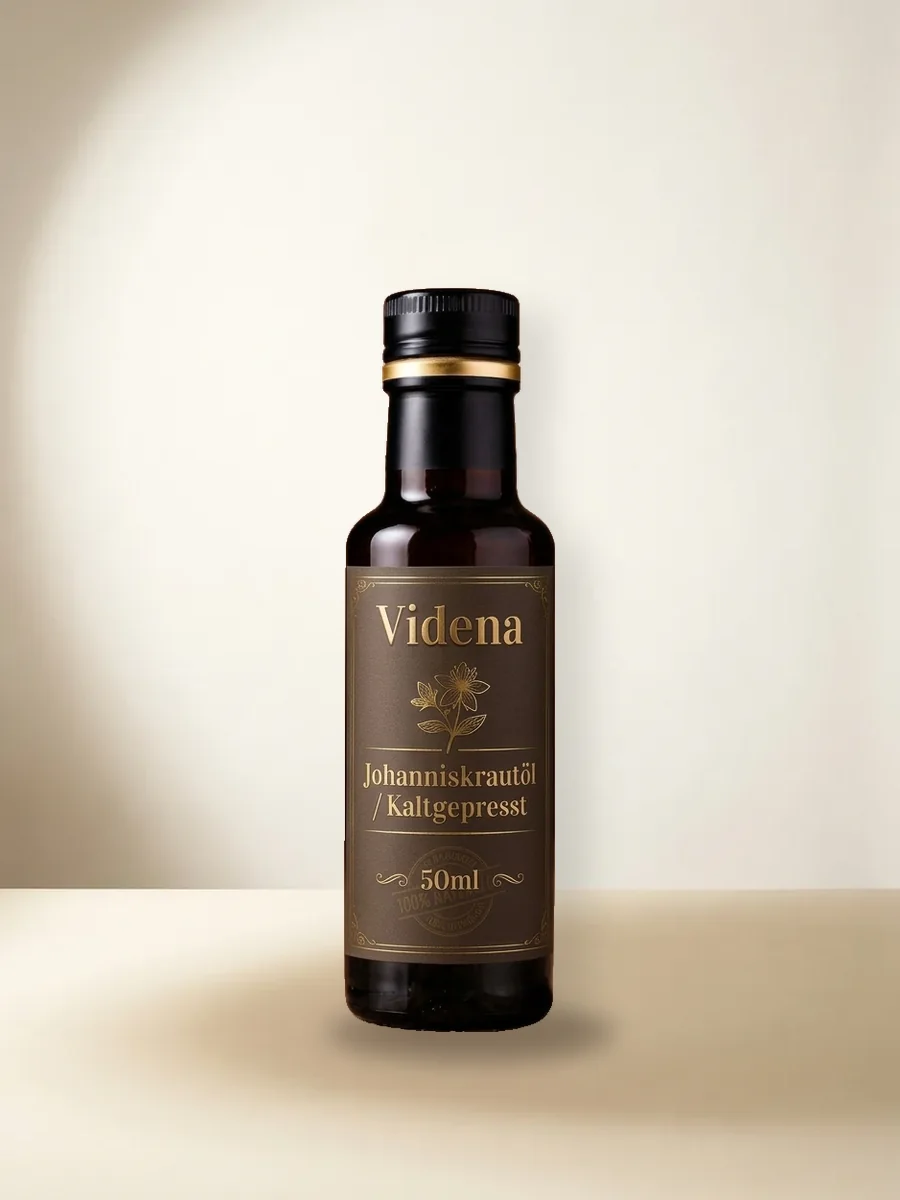 Johanniskrautöl 50ml – Videna Flasche freigestellt vor hellem Studiohintergrund